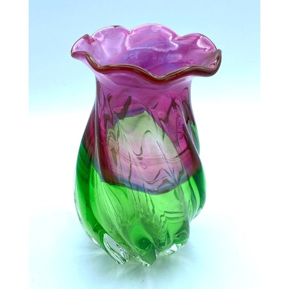 Watermelon Glass Two-Tone Vase Purple and Green With Blends of Blues and Purples - Picture 1 of 7